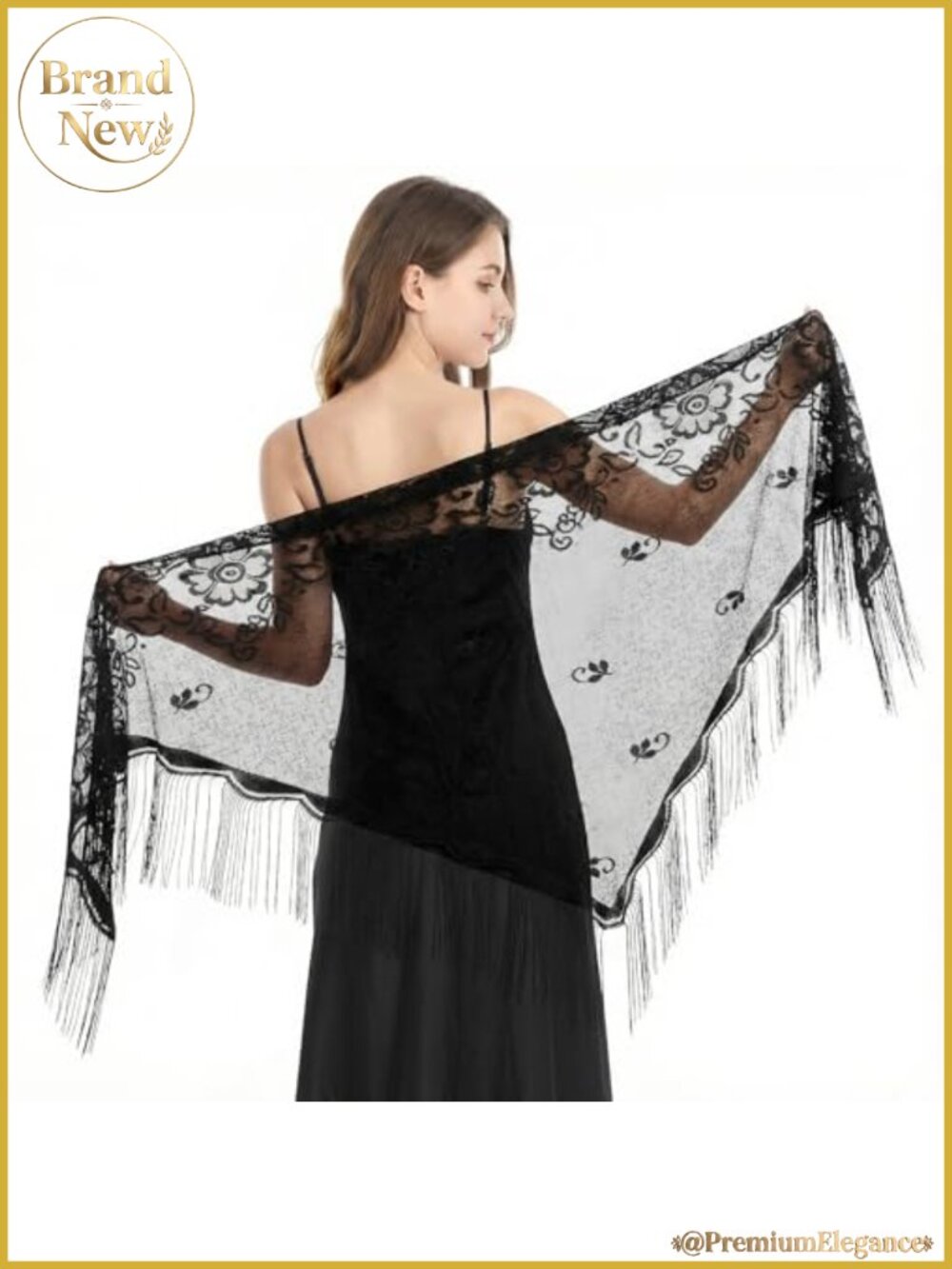 Black Lace Shawl Triangle Wrap with Tassels for Evening Party Wedding